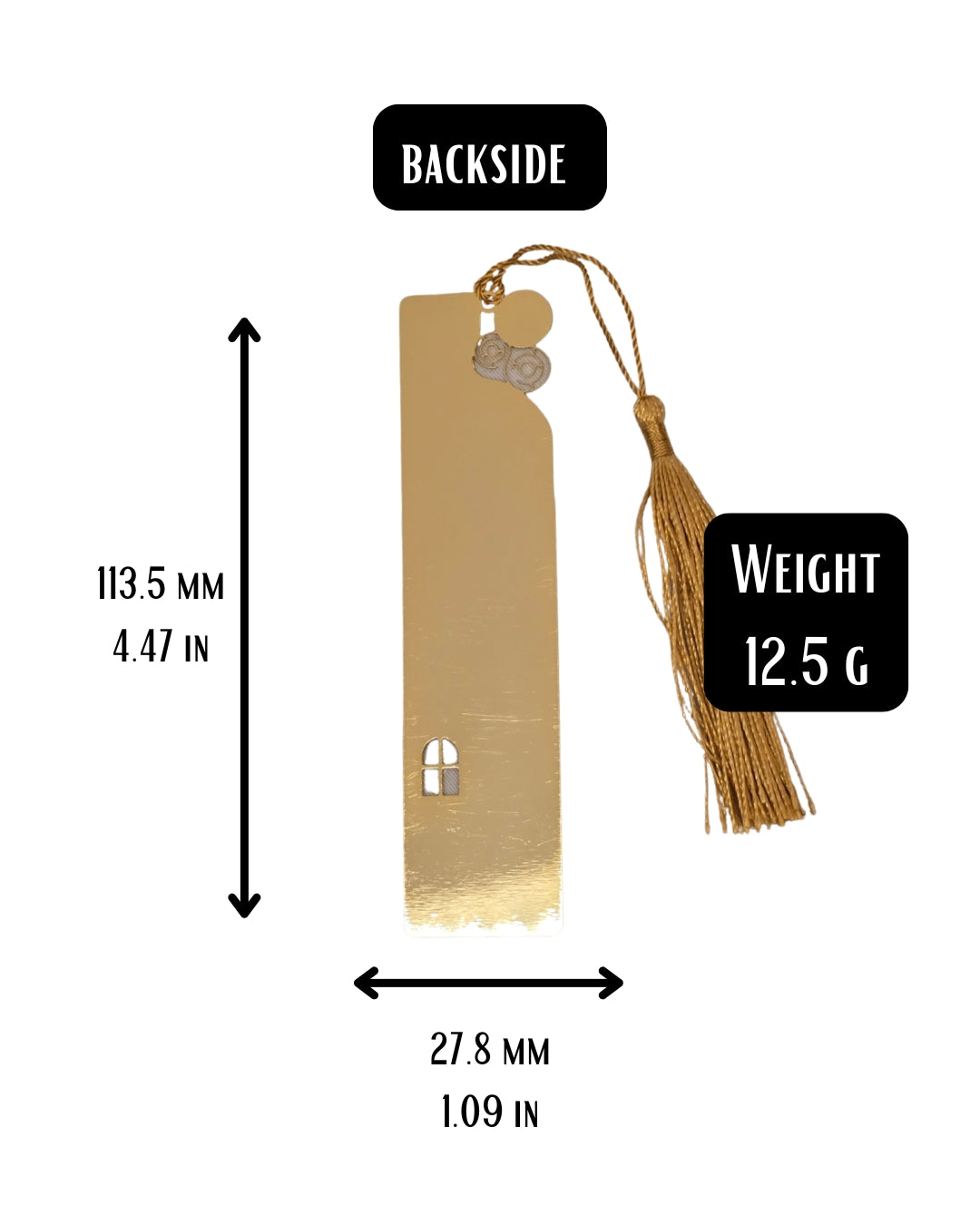 A gold-colored bookmark with a cutout window design and a decorative tassel.