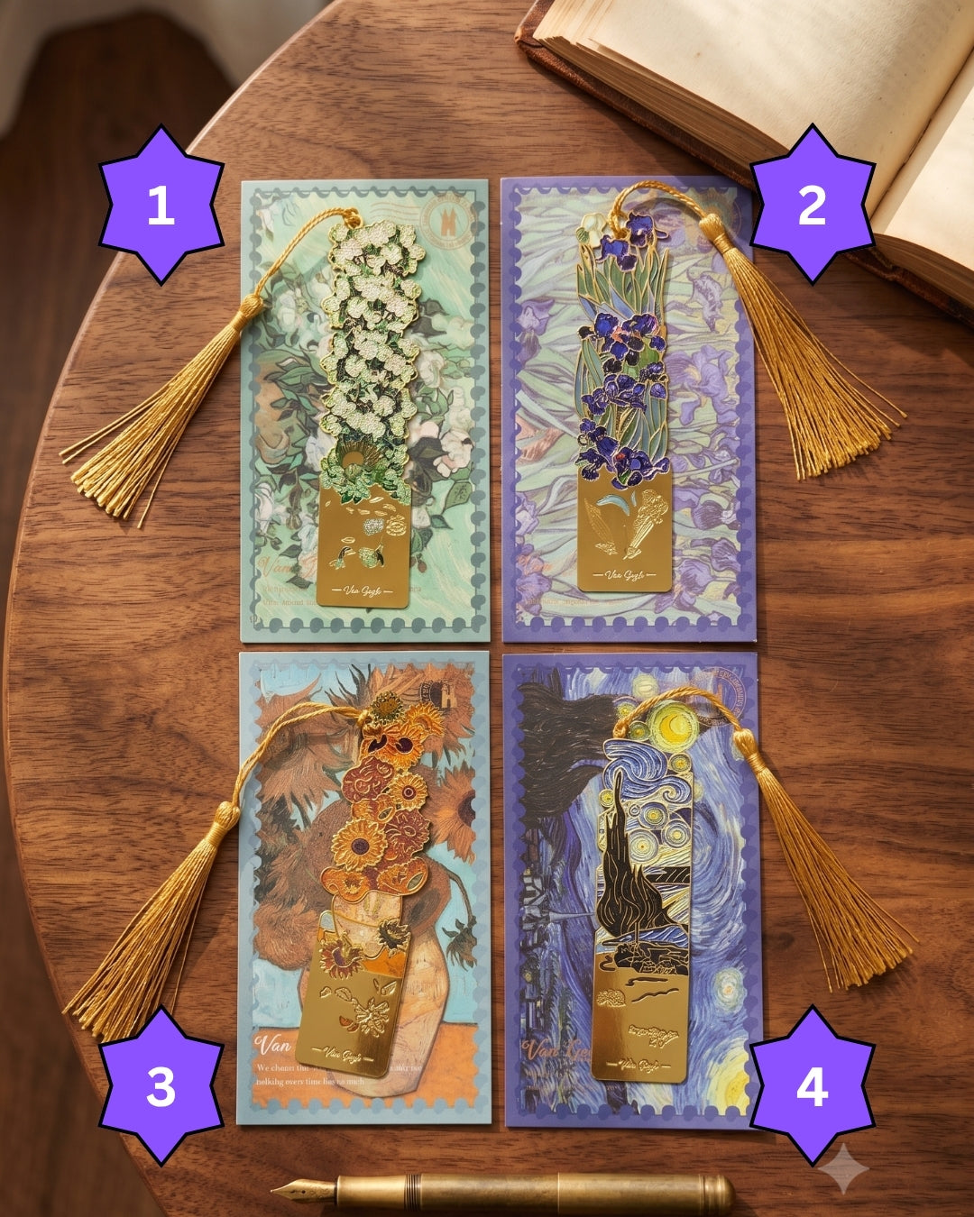 Four bookmarks with tassels are arranged on a wooden surface next to an open book and a pen. The bookmarks feature floral designs and one depicts Van Gogh's Starry Night.
