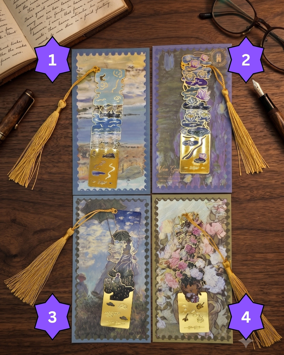 Four ornate bookmarks with tassels are laid out on a wooden surface. Each bookmark features a different artistic scene, including landscapes, water lilies, a figure with an umbrella, and a floral arrangement.