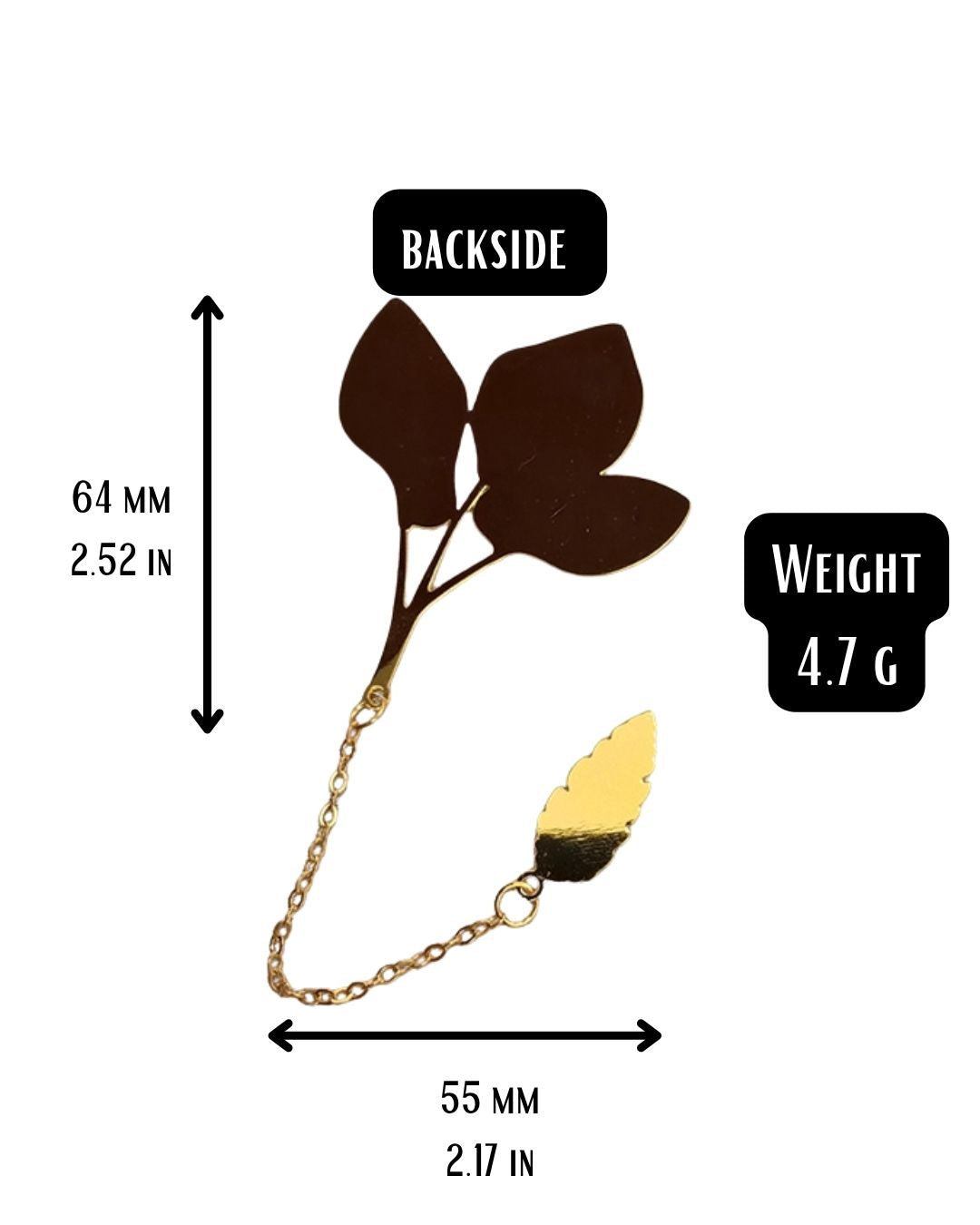 A product specifications image showing the backside of a gold metal bookmark shaped like a stem with three leaves, featuring an attached chain and a smaller single-leaf charm. Arrows indicate the bookmark has a height of 64 mm (2.52 in) and a width of 55 mm (2.17 in). A label on the right lists the weight as 4.7 g.
