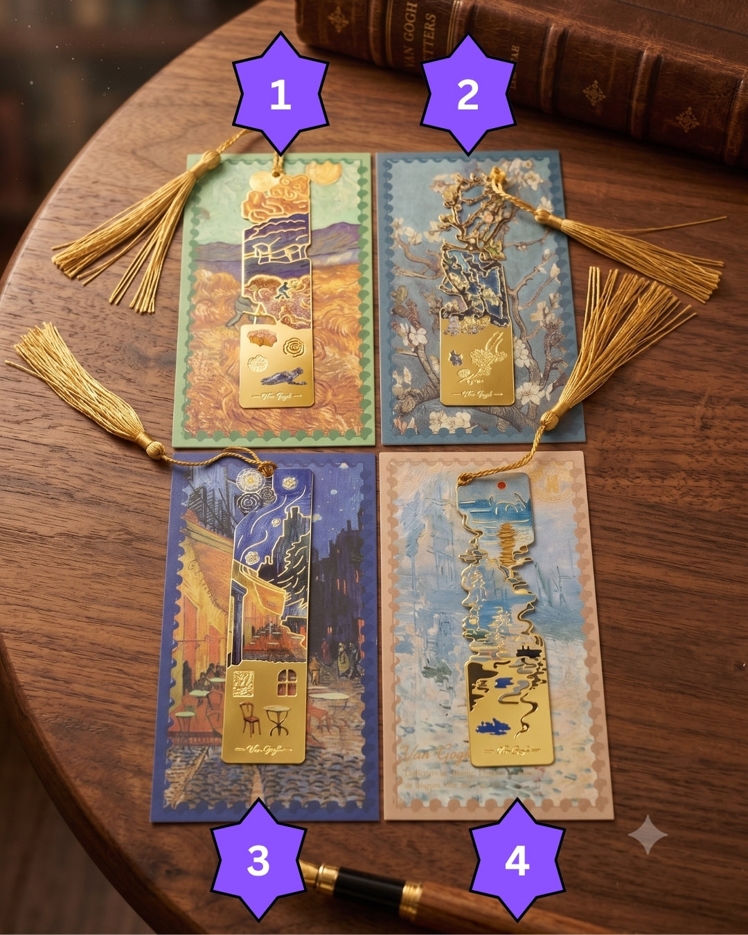 Four bookmarks with gold tassels are displayed on a wooden table next to a leather-bound book. Each bookmark features a cutout metal design inspired by famous paintings, set against a decorative background with a postcard-like border.