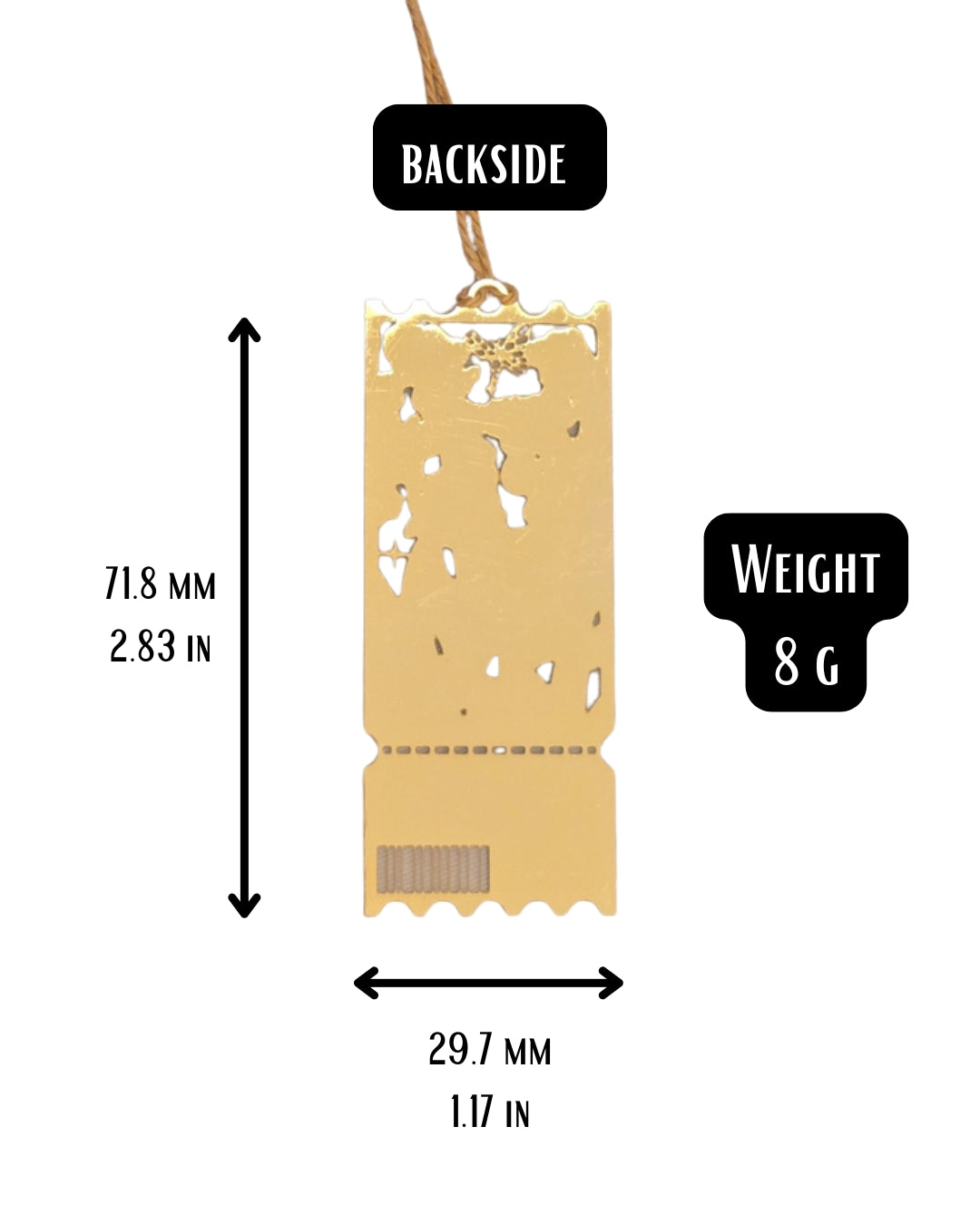 A gold-colored metal bookmark or travel tag pendant with a hanging loop, shown on a white background with black dimension arrows and text labels indicating 71.8 mm height, 29.