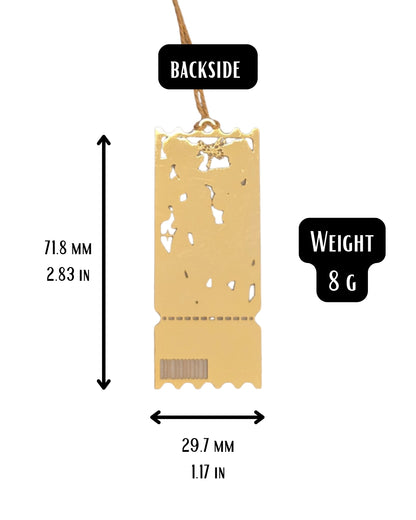 A gold-colored metal bookmark or travel tag pendant with a hanging loop, shown on a white background with black dimension arrows and text labels indicating 71.8 mm height, 29.