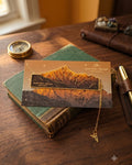A gold metal bookmark shaped like a mountain range with the text "Smithsonian Mountains" on a card depicting a mountain landscape, resting on a vintage green book.