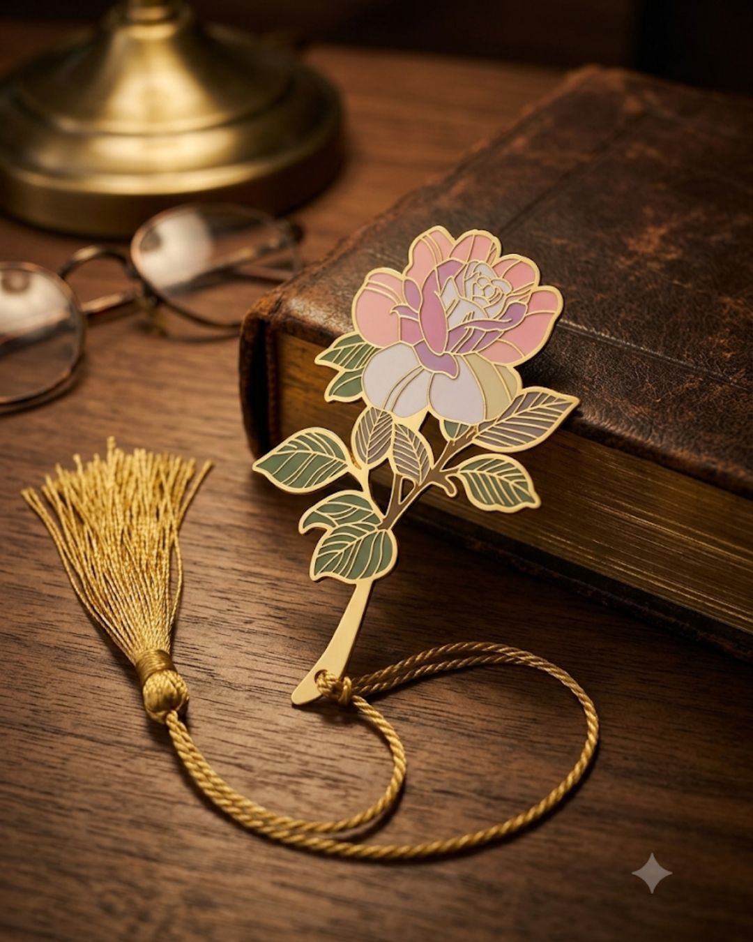 A decorative metal bookmark shaped like a rose with green leaves and a gold tassel rests on a closed book next to reading glasses.