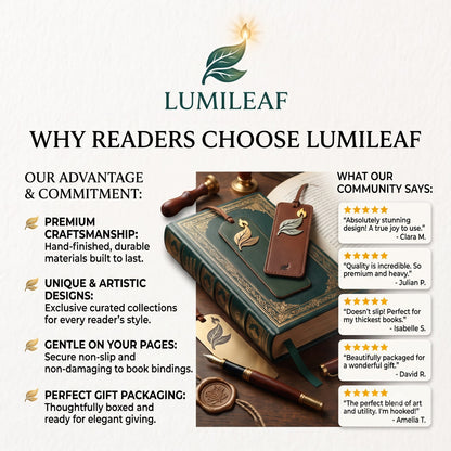 Promotional graphic for the Lumileaf bookbinding kit, featuring a central image of a beautifully bound green leather and wood book with gold tool accents, surrounded by thematic props like a wooden quill, leather tool pouch, and vintage book pages. The background is a textured off-white paper with the brand name 'LUMILEAF' at the top and several customer review cards on the right side.